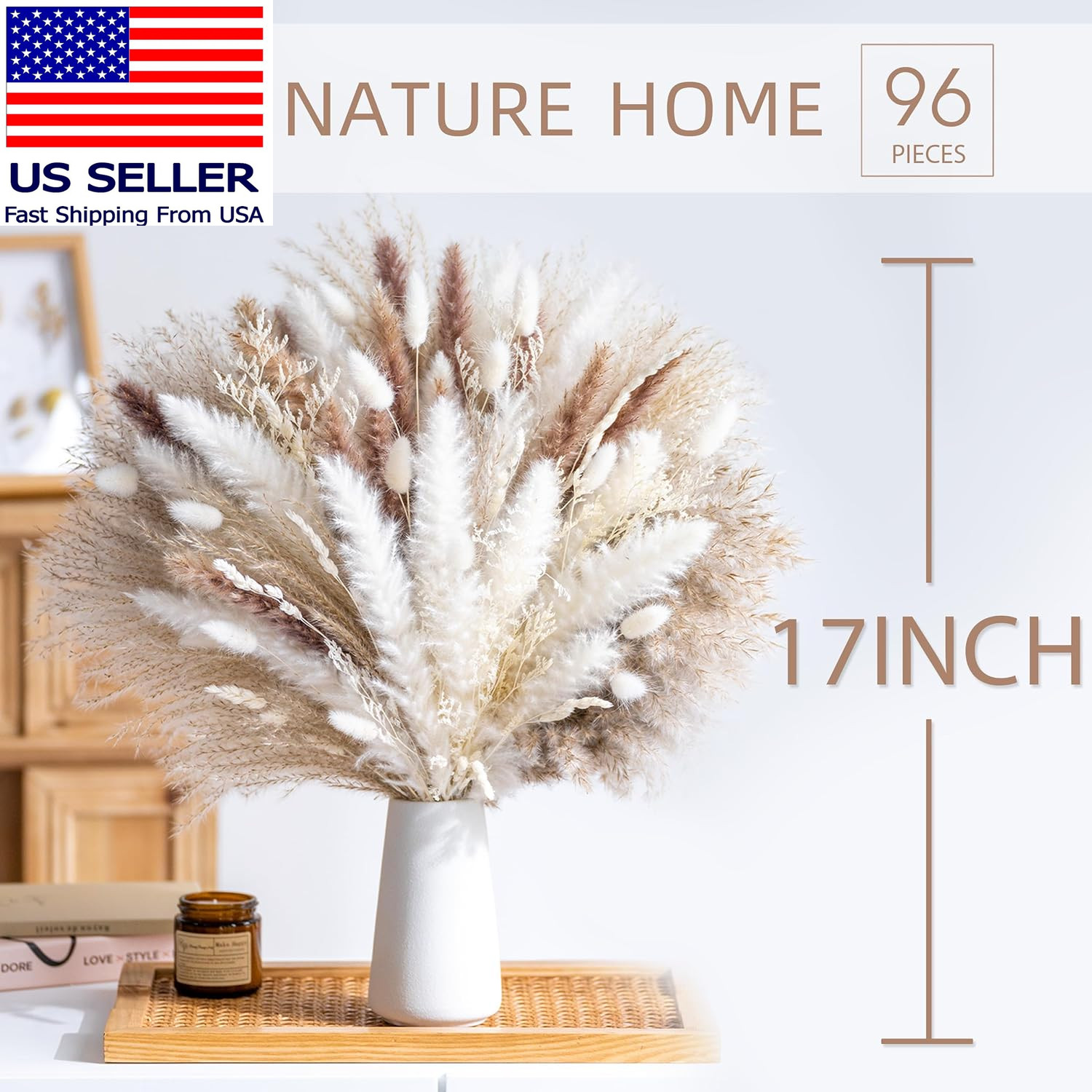 96PCS Natural Dried Pampas Grass Boho Home Decor Bouquet Phragmites Dried Flower