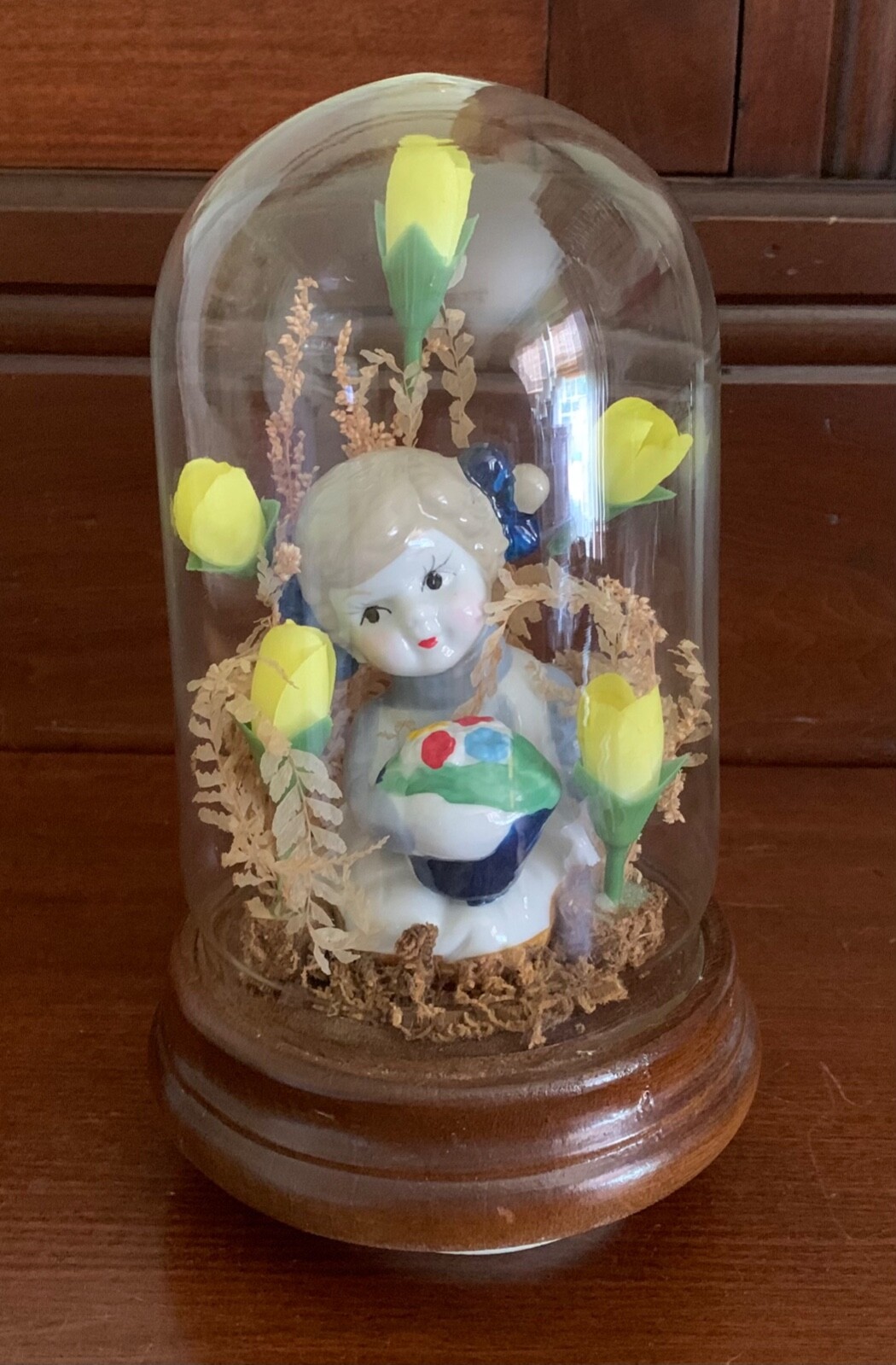 Vintage MCM Musical SpInning Floral Cloche Dome Terrarium Mid-Century Decor