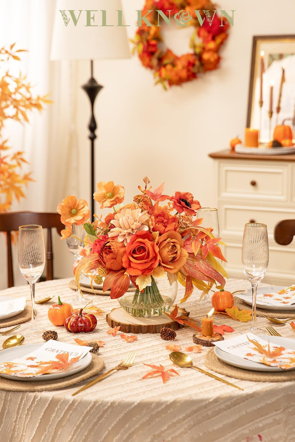 Silk Flower Bouquet in Vase – Orange Peony & Dahlia Centerpiece Decor