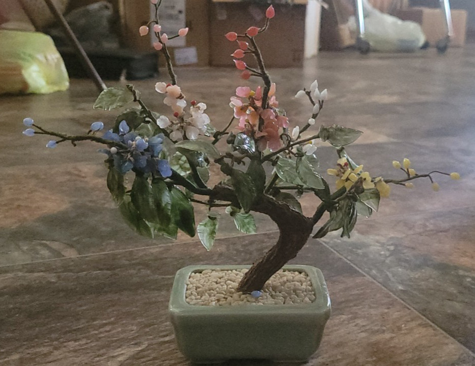 Vintage Chinese Glass Jade Bonsai Tree Celadon Pot Multi Color Flower Marked 9″