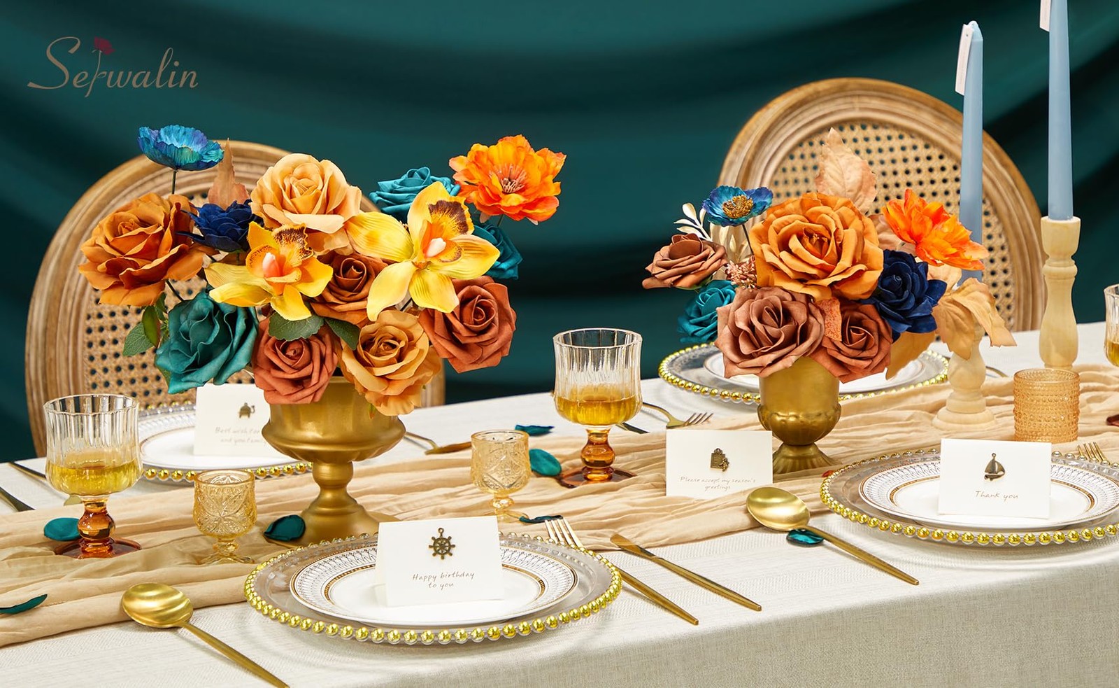 Teal Burnt Orange Artificial Silk Flowers Wedding Bridal Bouquet Party Decor