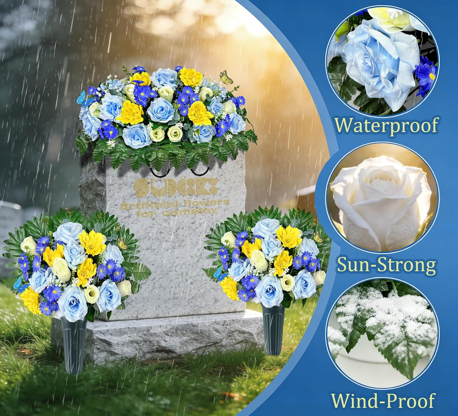 Elegant Silk Cemetery Flowers with Vases – Butterflies Included for Grave Decor