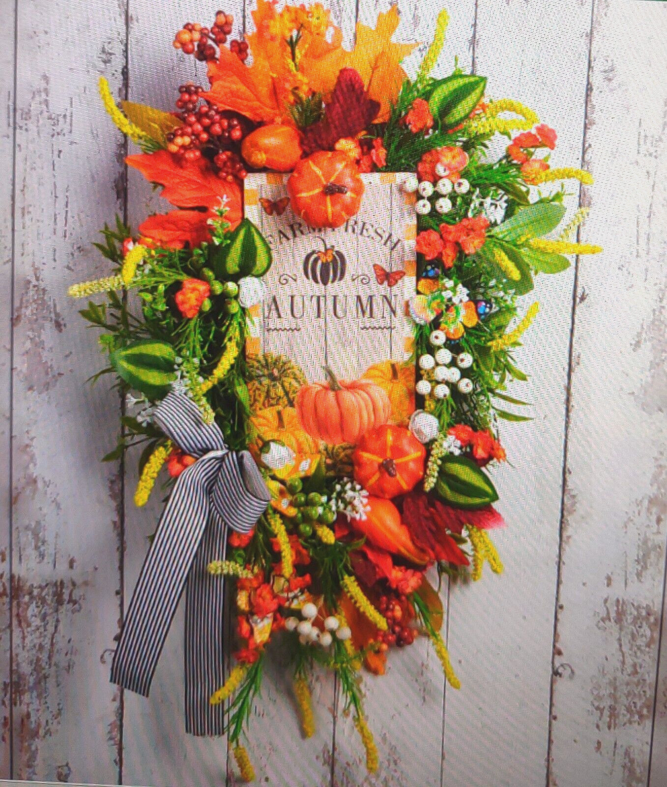 Artificial Autumn Wreath for Front Door or Porch, Multicolor Pumpkin