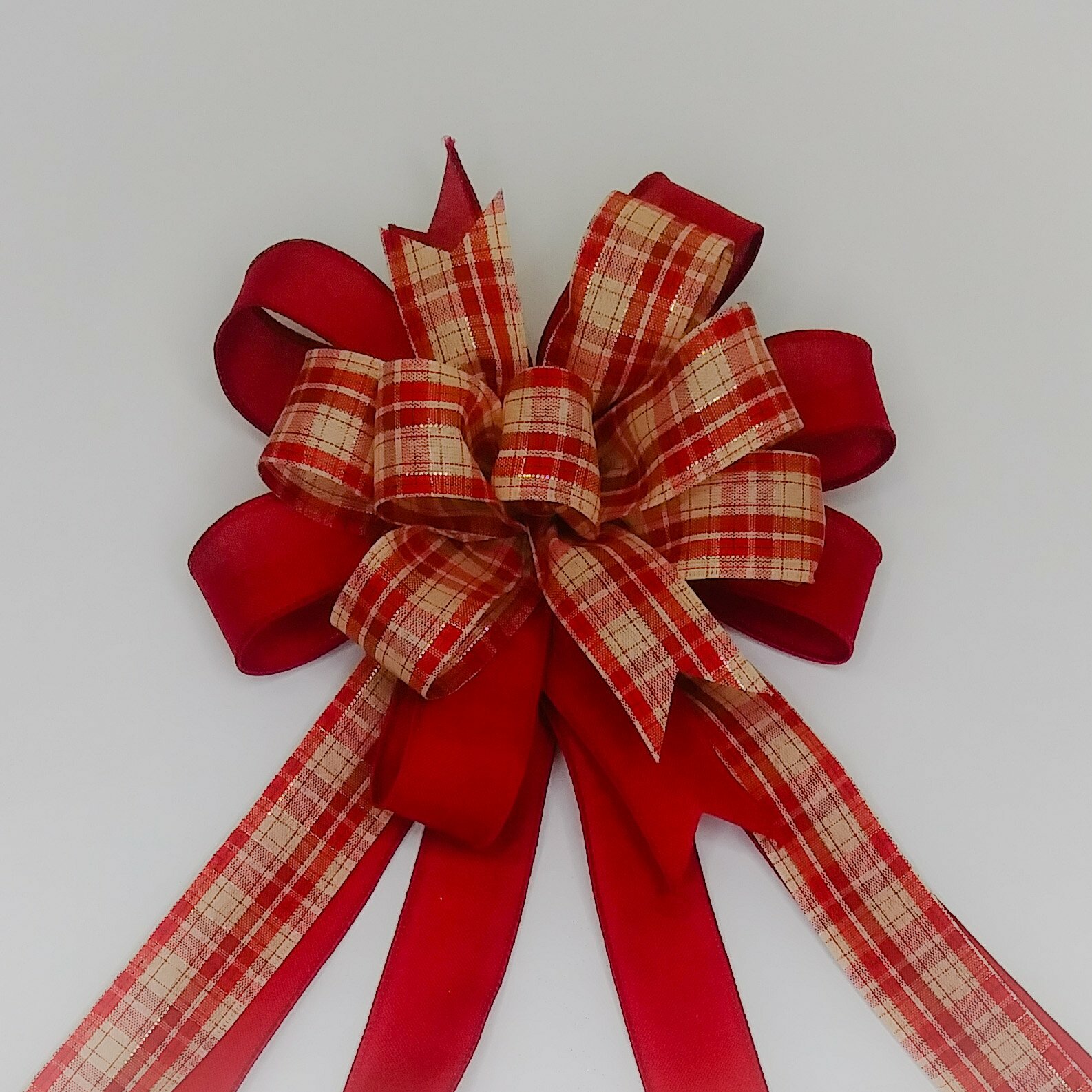 Christmas Bow, Wreath Bow, Red and Natural Plaid, Cranberry Linen