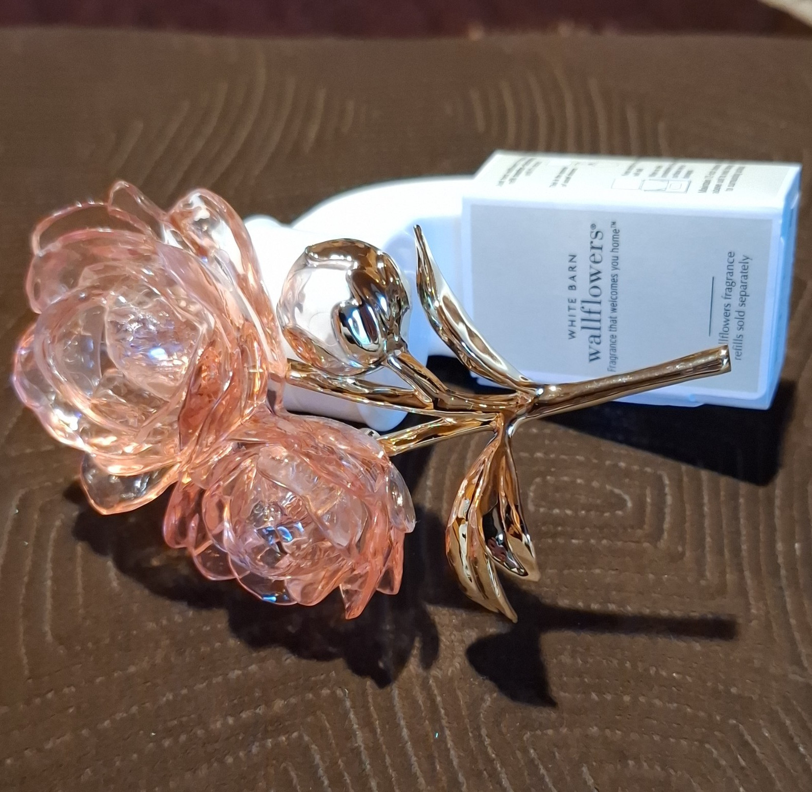 Pink Glass Rose Wall Flower Wall Decor, Gold Metal Stem, Artificial Floral