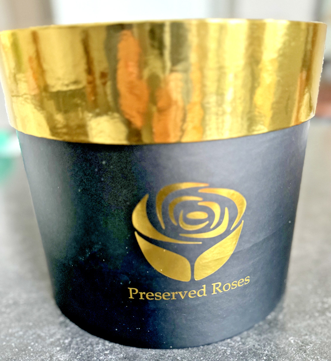 Preserved Roses – 16 Real Red Roses in Black/Gold Circular Gift Box Open Box