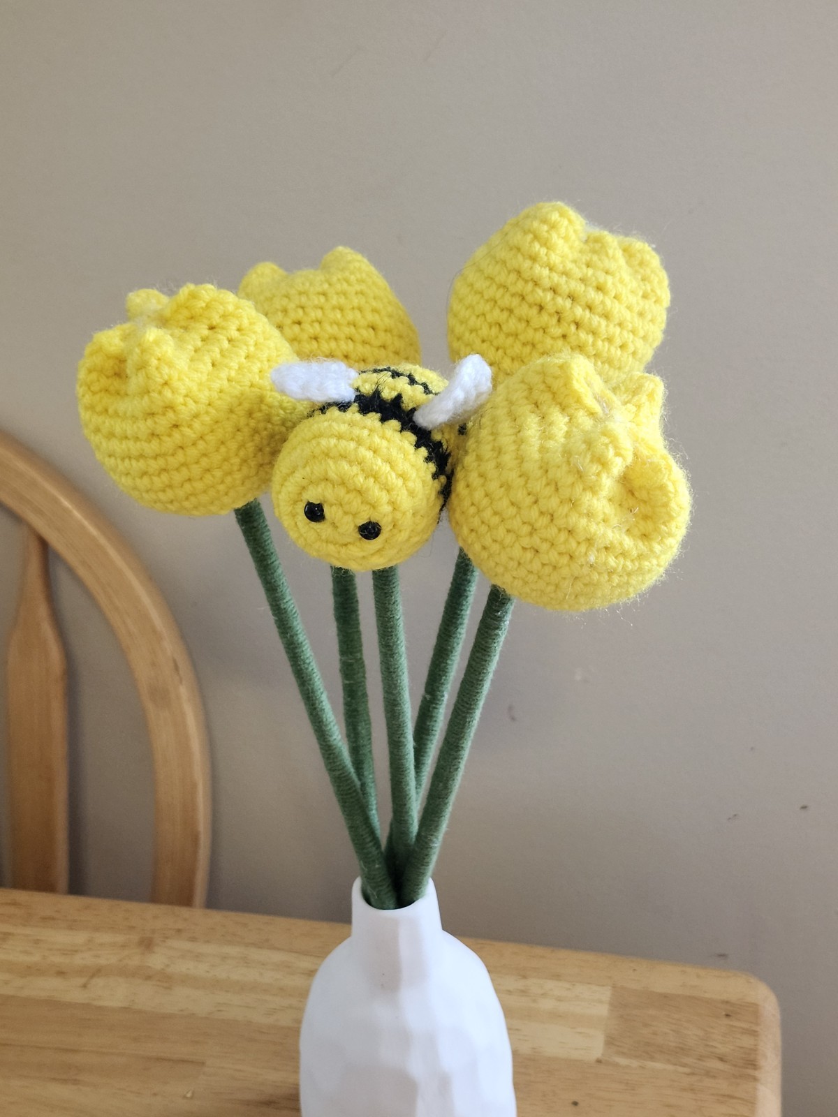 Artificial Crochet Yellow Tulip Bouquet with Bee in White Vase, Floral Theme