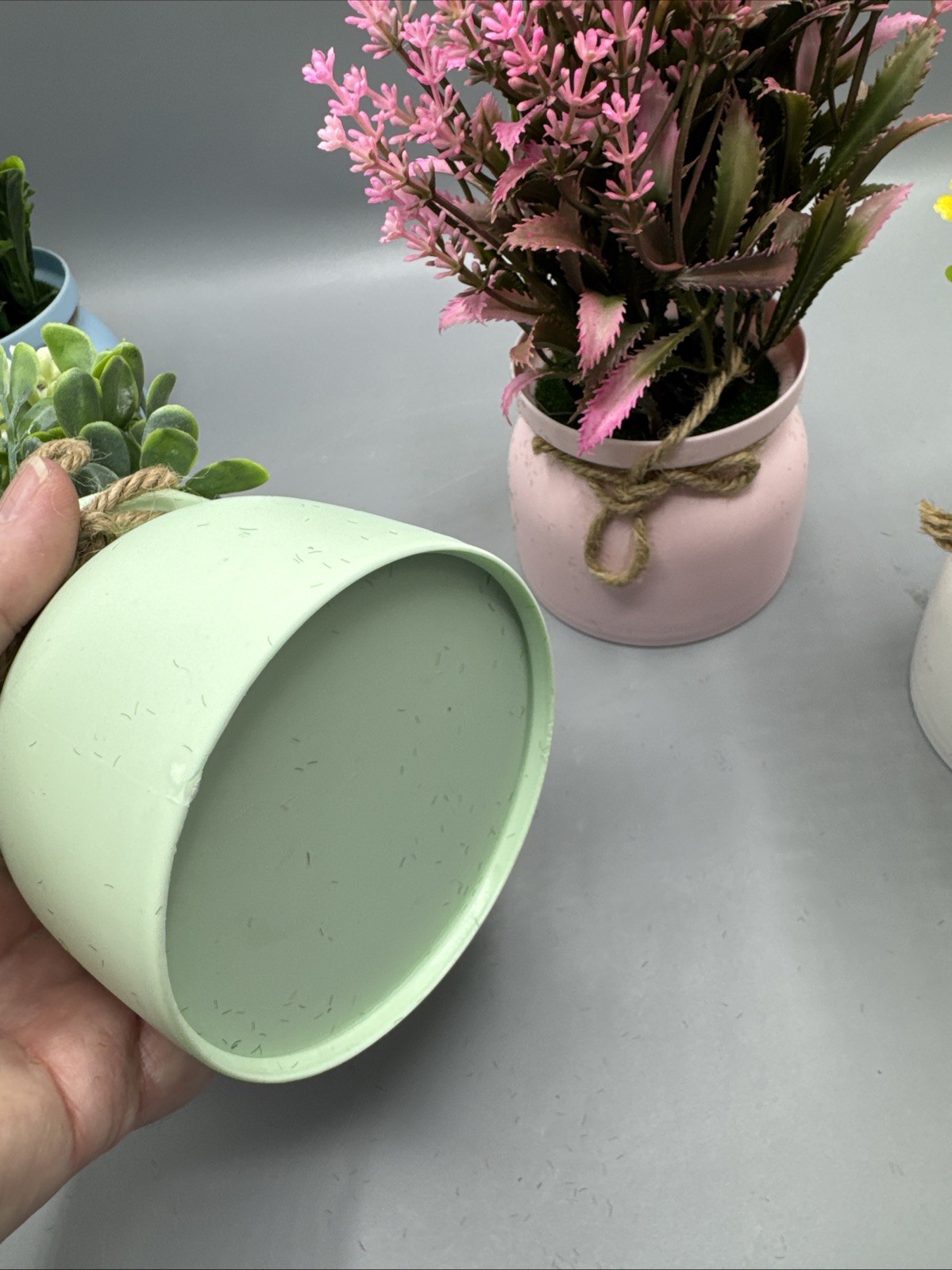 4 Pack Fake Flowers Small Artificial Faux Plants in Plastic Macaron Pots