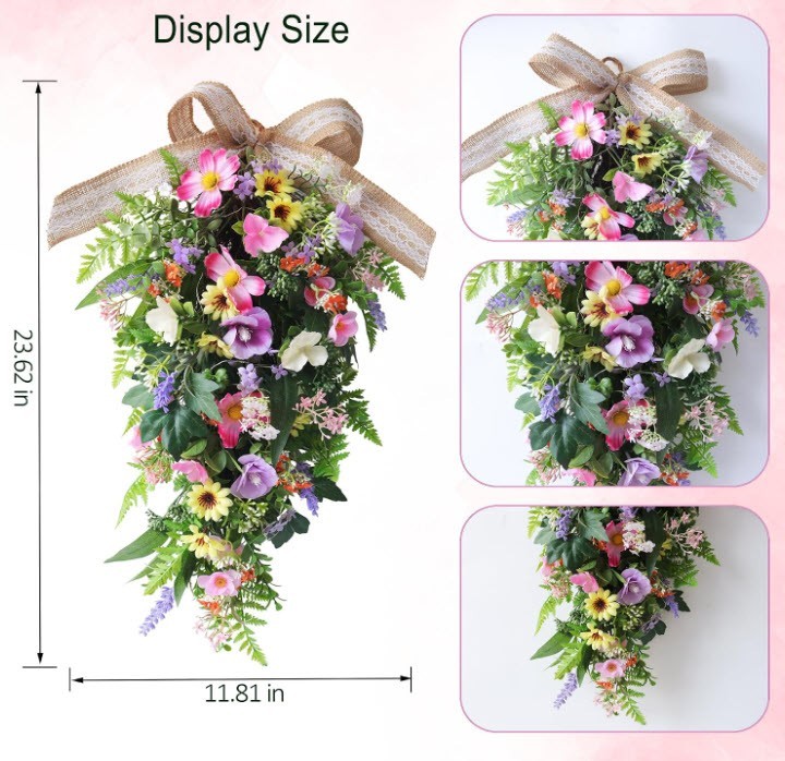 Spring Summer Teardrop Swag for Front Door-Porch-Wall with LED Lights Artificial
