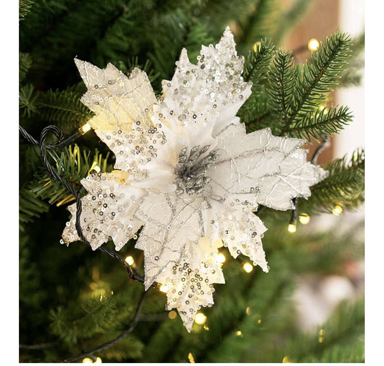 6PCS Poinsettias Christmas Tree Flowers 9.8” Artificial White/Silver (T-34)