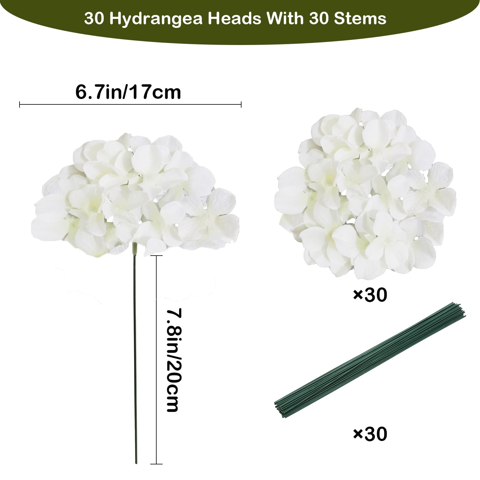 Bulk White Artificial Hydrangea Flowers, 30 Pcs Faux Silk Heads with Stems