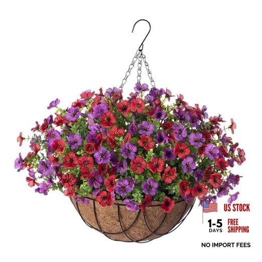 Artificial Silk Flowers Hanging Basket for Outdoor Indoor, Daisy Reddish Purple
