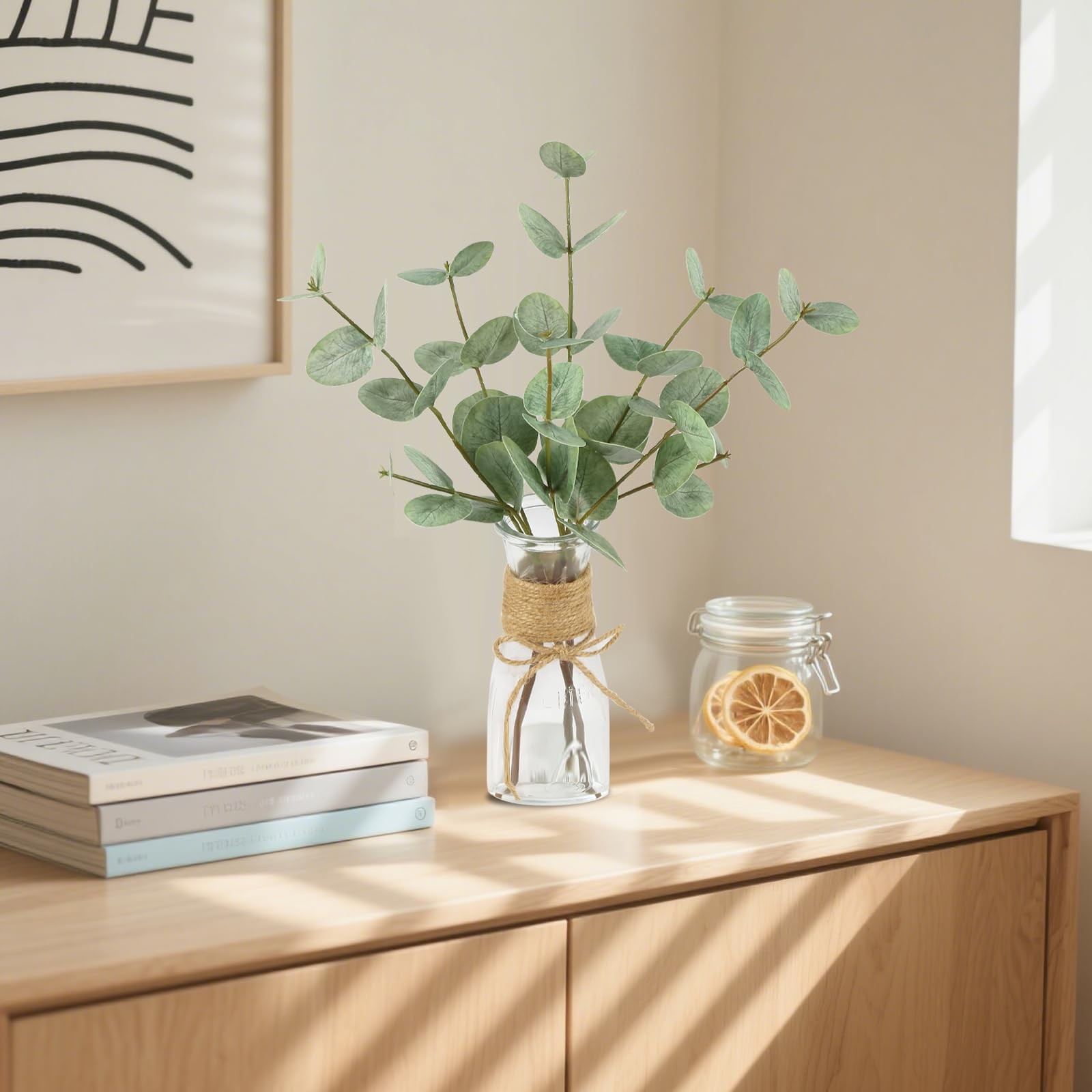 Artificial Eucalyptus Stems in Glass Vase with Faux Water, 15’’ Fake Plant Do…
