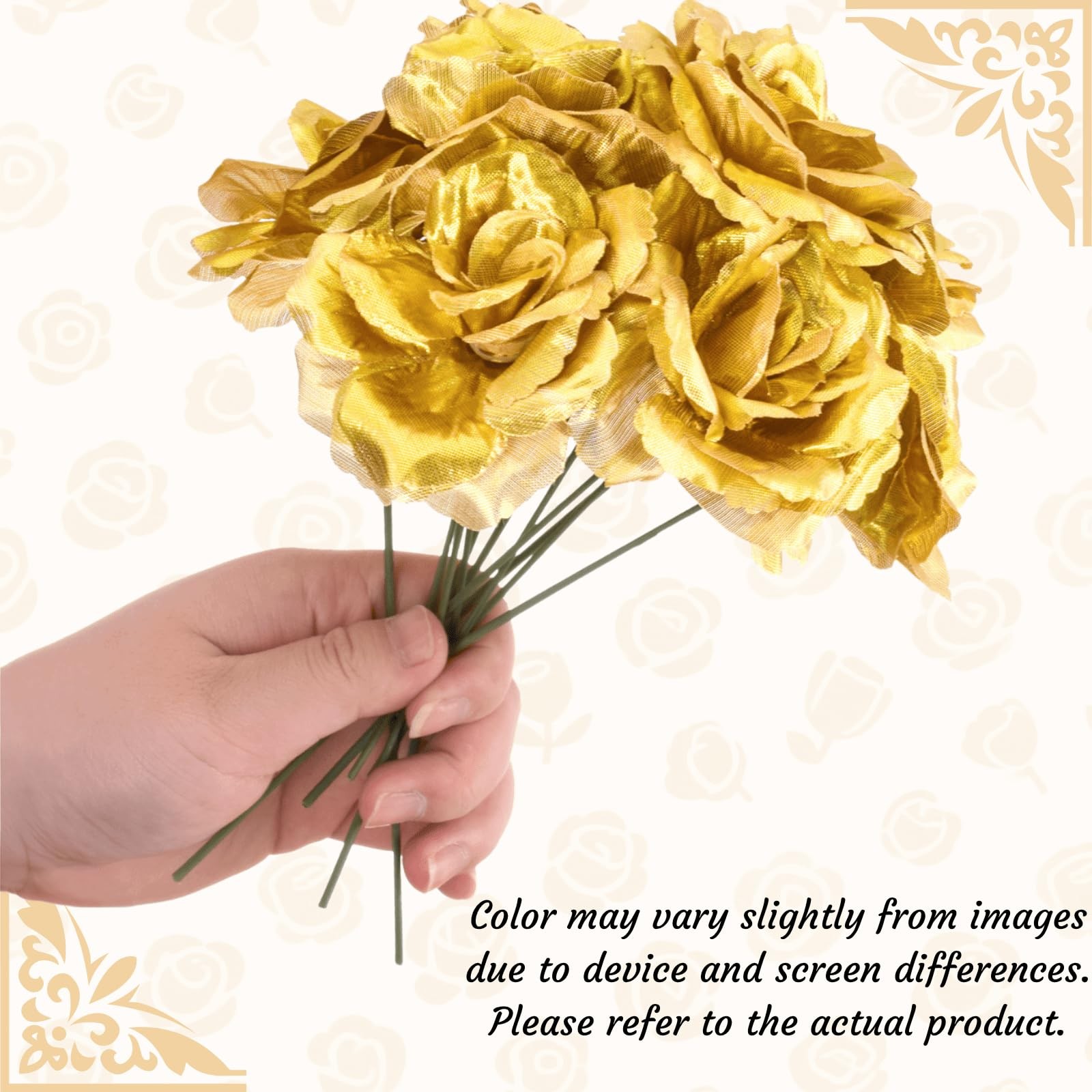 100 Pcs 3.5 Inch Gold Artificial Rose Heads with Stems, Silk Rose Faux Flower…