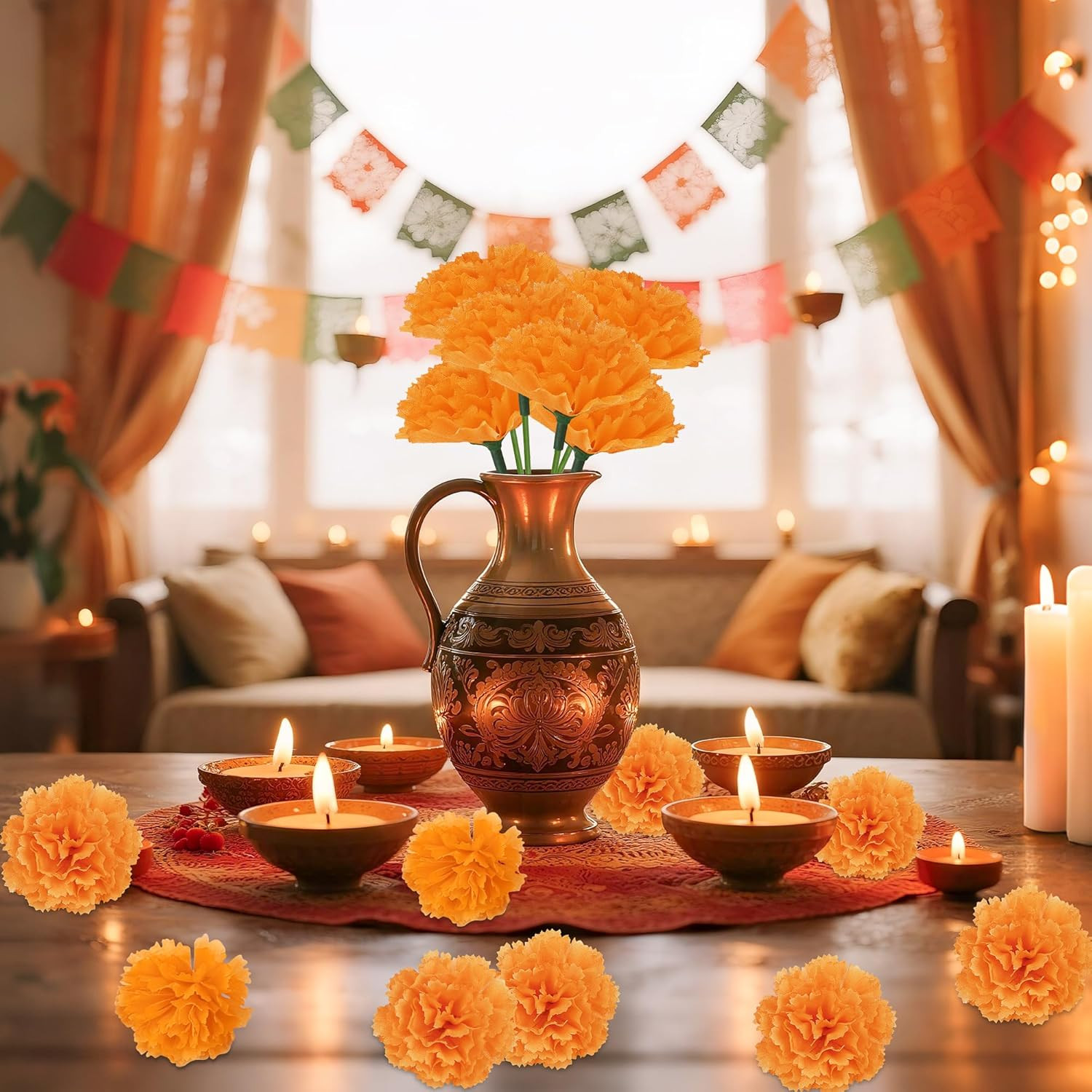 50 Pcs Artificial Marigold Flowers,2″ Silk Marigold Flower Heads with Stems,Oran