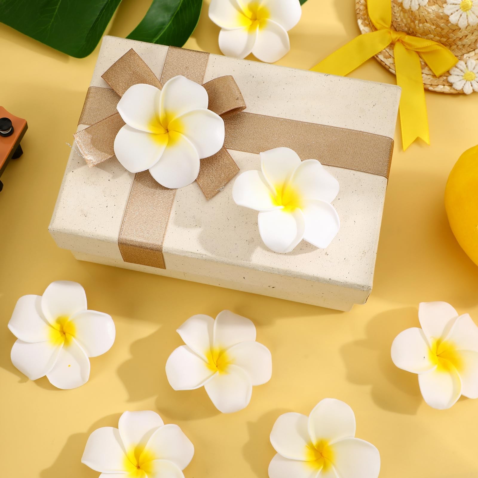 48Pcs Artificial Plumeria Flowers, White Foam Frangipani Flowers Head Fake Ha…
