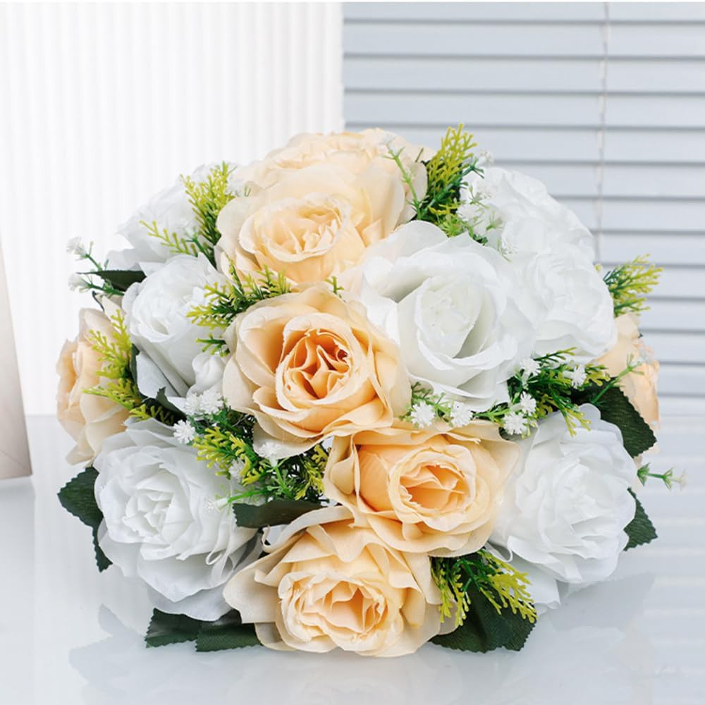 Champagne & White 10Pcs Artificial Flower Ball Bouquet for Weddings & Decor