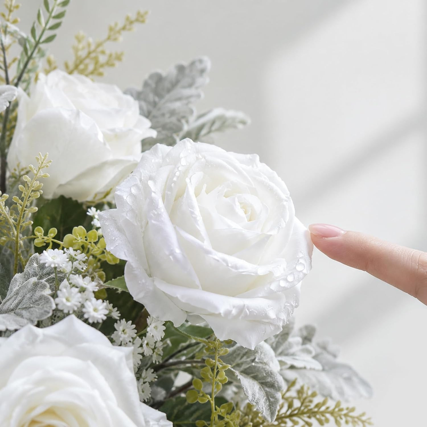 Artificial White Rose in Vase Faux Flowers for Home Decor Table Centerpiece | FL