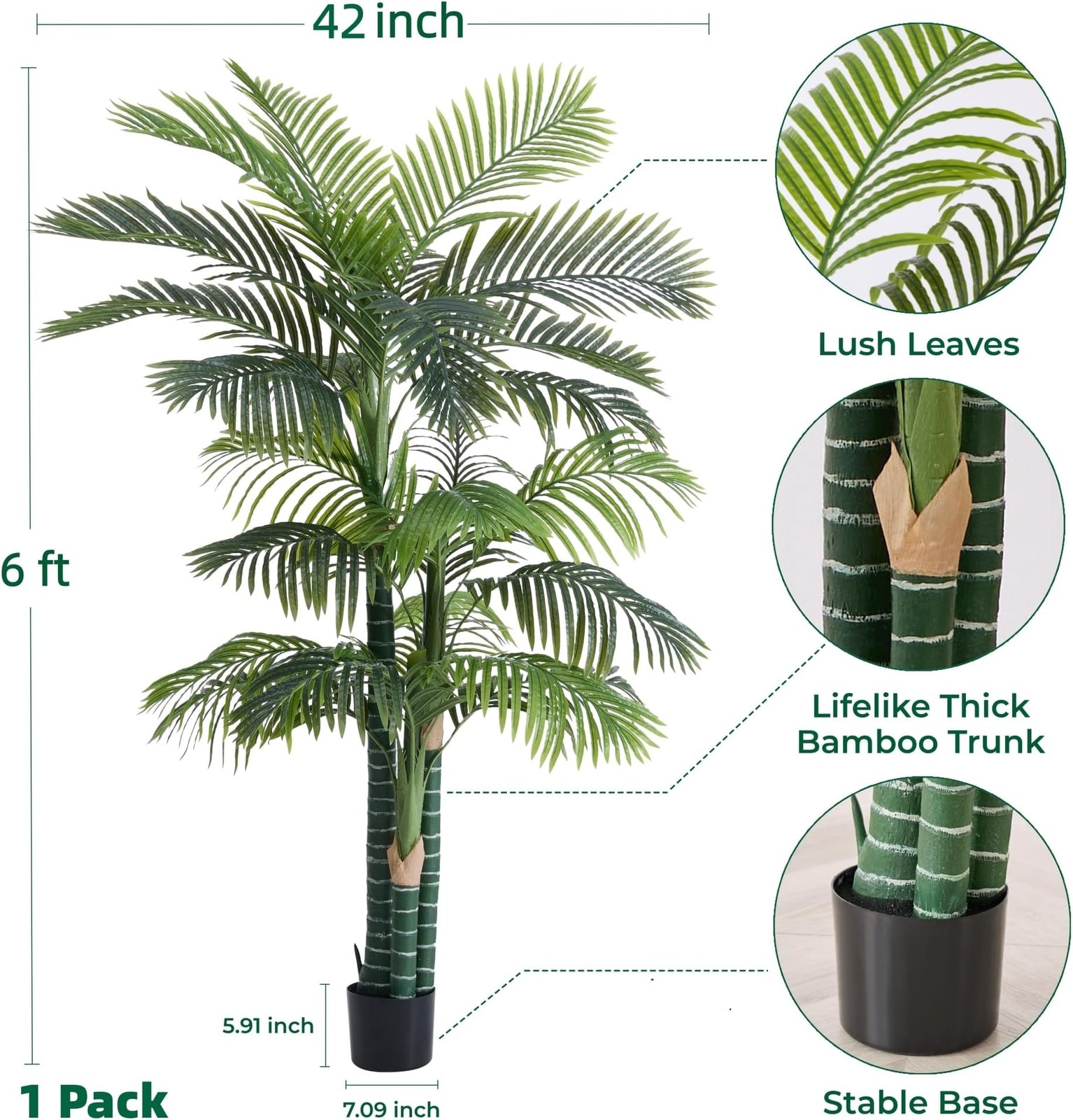 6FT Tall Triple Golden Cane Palm Tree (1 Pack), Large Faux Plants, UV Resista…