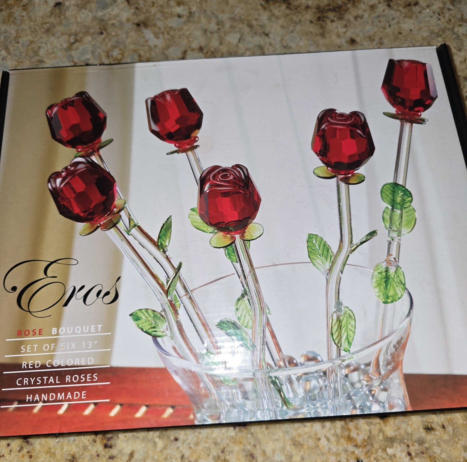 Eros Handmade Crystal Glass Rose Bouquet Set of 6, 13 in, Red
