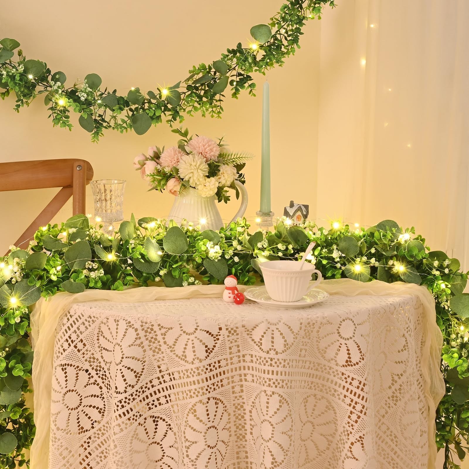 4Pcs Eucalyptus Garland with Lights, Greenery Garland, Green Garland with Flo…