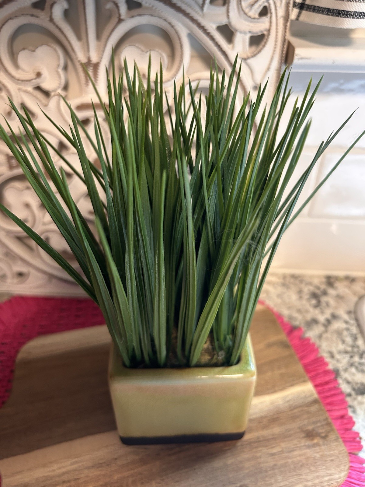 Faux Grass Houseplant, Square Ceramic Planter Pot 9 3/4” tall