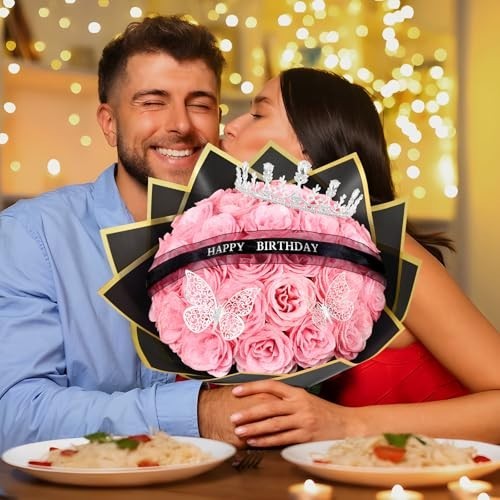 DIY Glitter Rose Bouquet 36 Pink Fake Flowers Wrapping Paper Ribbon Birthday
