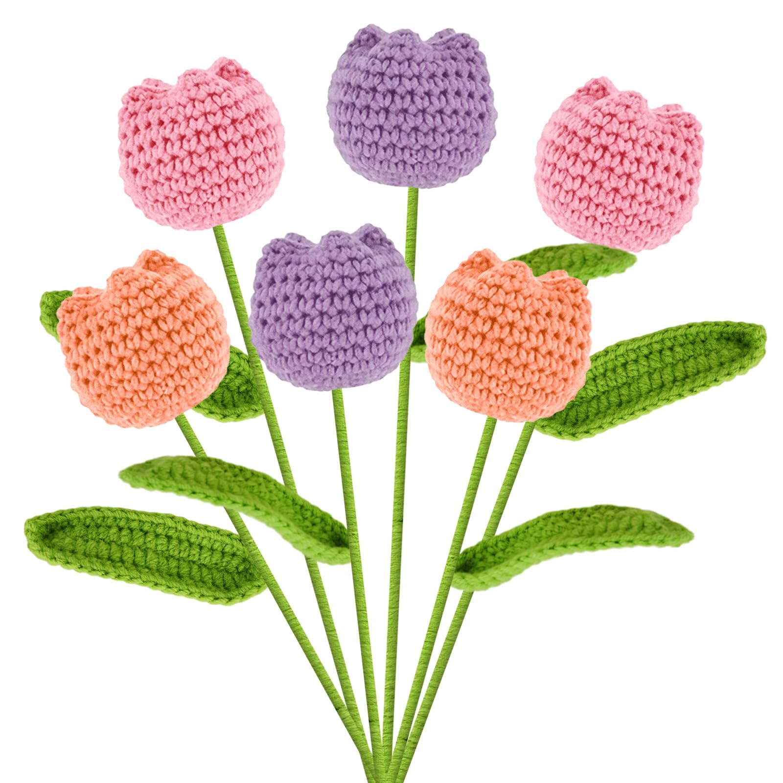 Crochet Tulips Flowers Knitted Bouquet Office Home Car Decoration Fake 6 PCS