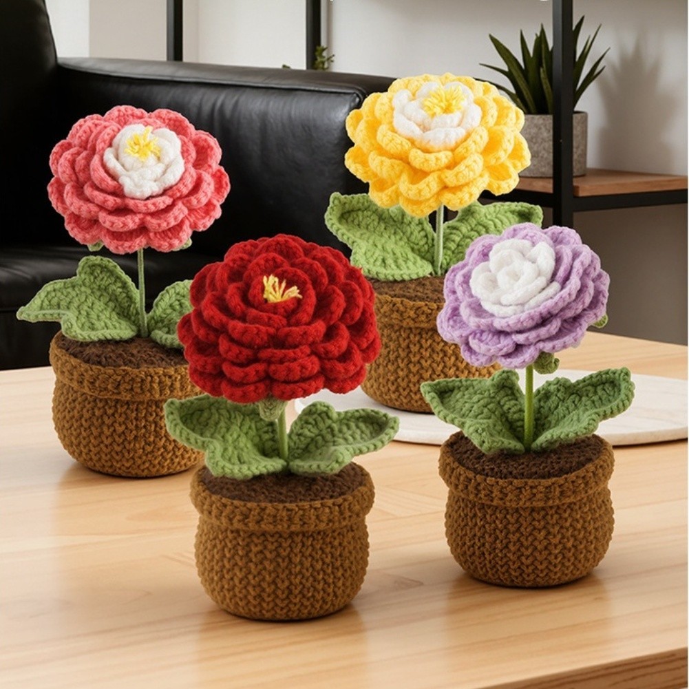 Crochet Peony Artificial Flower in Pot Handmade 17cm Milk Cotton Piece