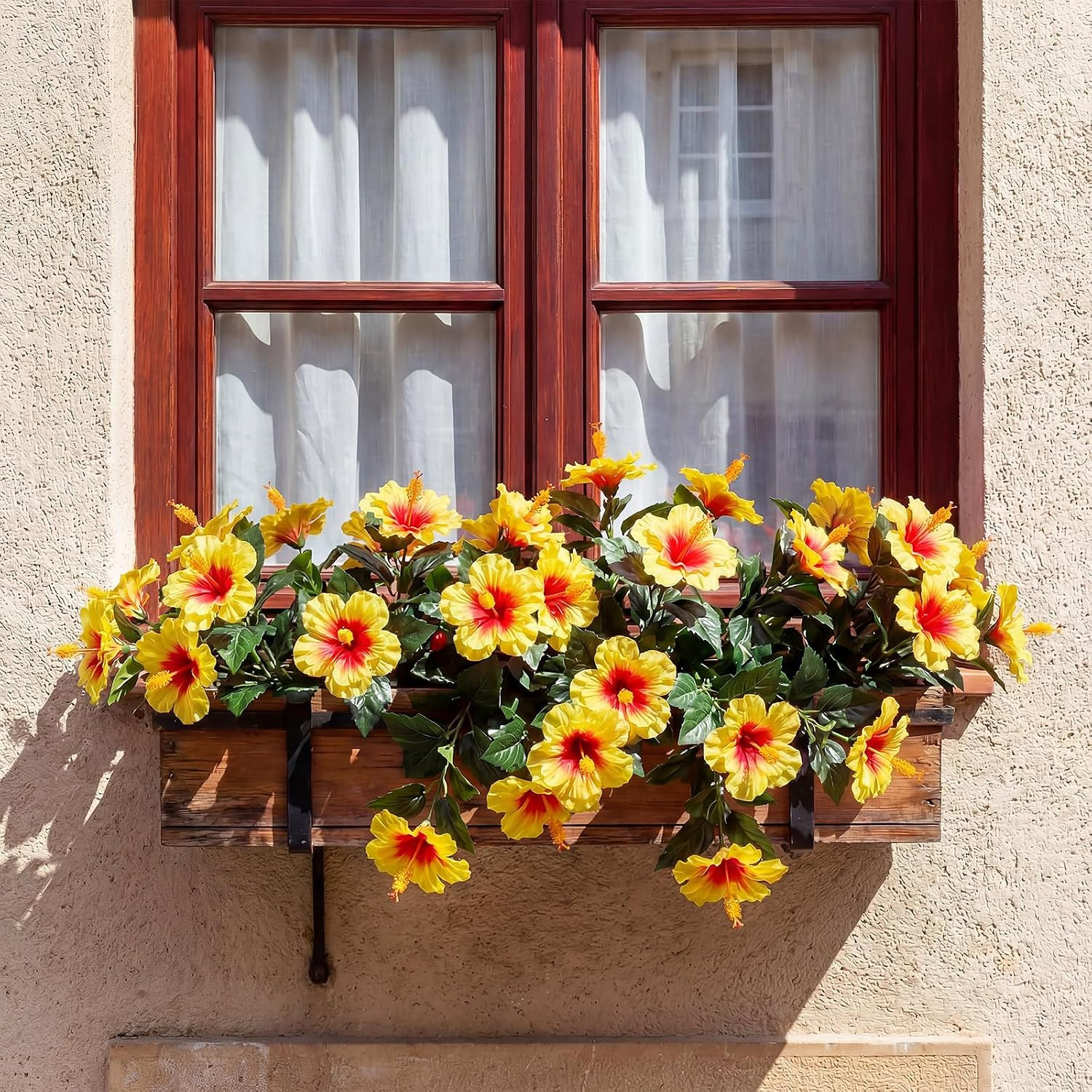 12 Bundles UV Resistant Yellow Artificial Hibiscus Flowers for Outdoor Decor