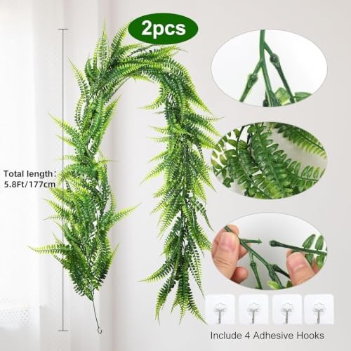 2Pcs 5.8Ft Artificial Boston Ferns Garland Fake Hanging Plant Green-fern2pcs