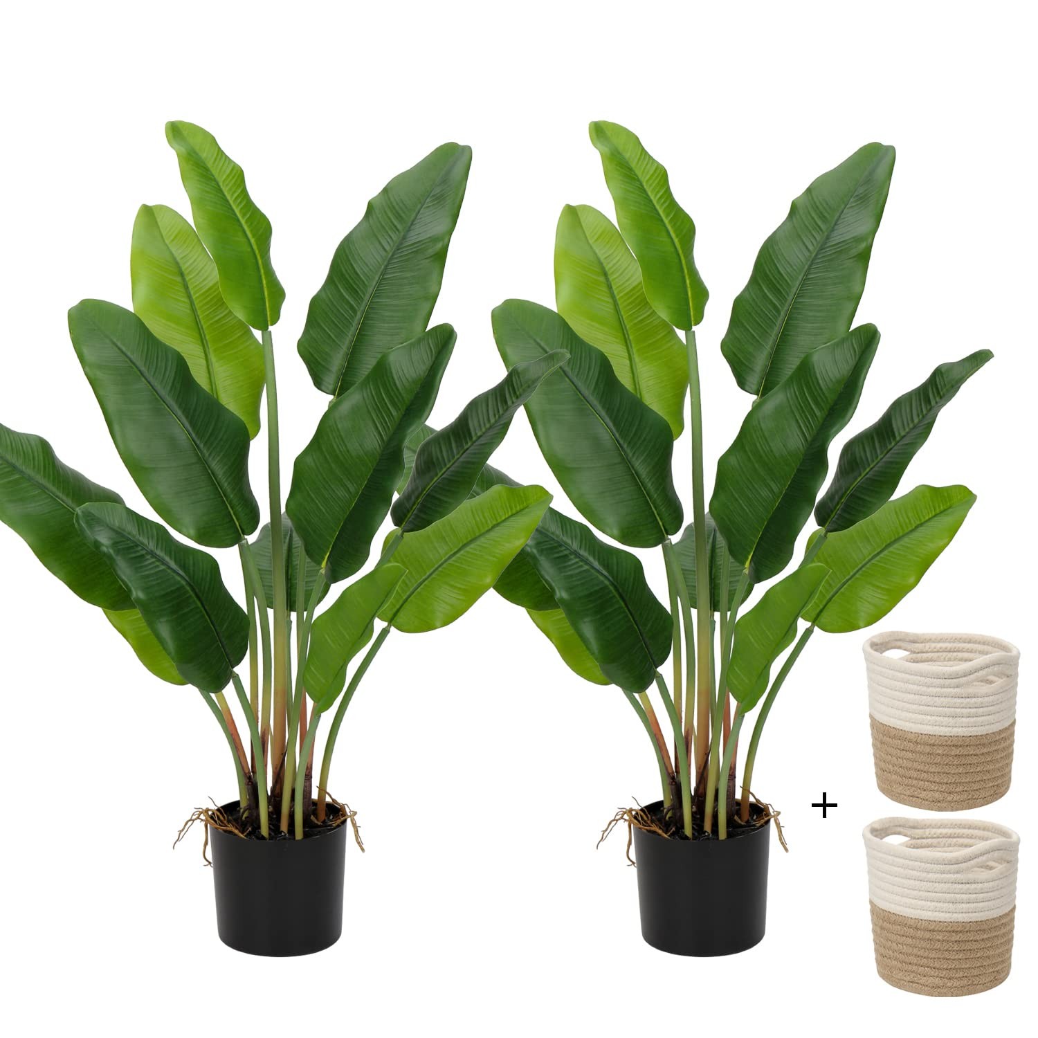 2pcs Large Artificial Bird of Paradise Plant in Pot, 30″ Fake Palm Tropical F…