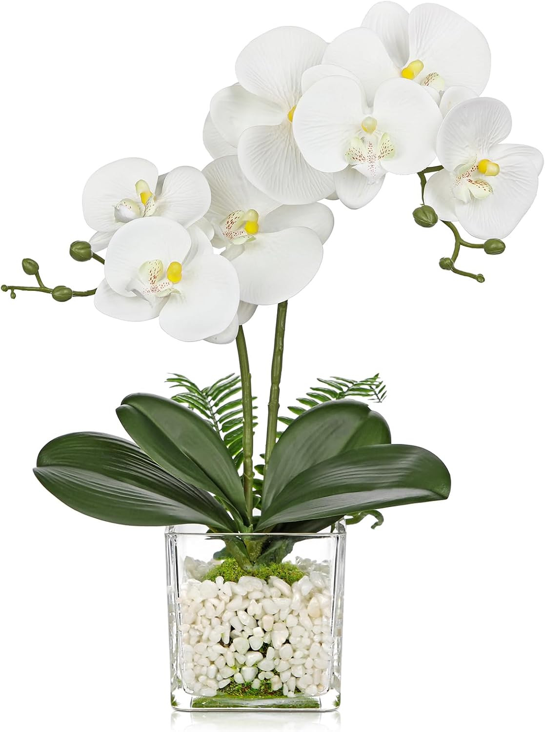 Elegant White Orchid Faux Flowers in Pot – 16.1″ Centerpiece Decor