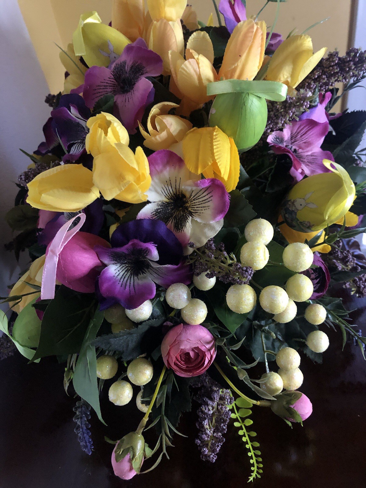 Spring Floral Arrangement. Easter Floral Arrangement Purple And Yellow Flowers