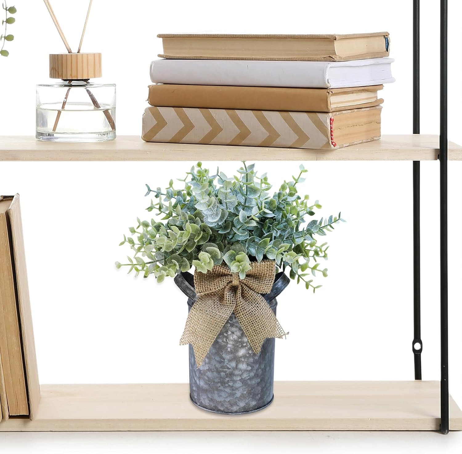 Set of 1 Farmhouse Faux Eucalyptus Arrangement Centerpiece Rustic Galvanized Met
