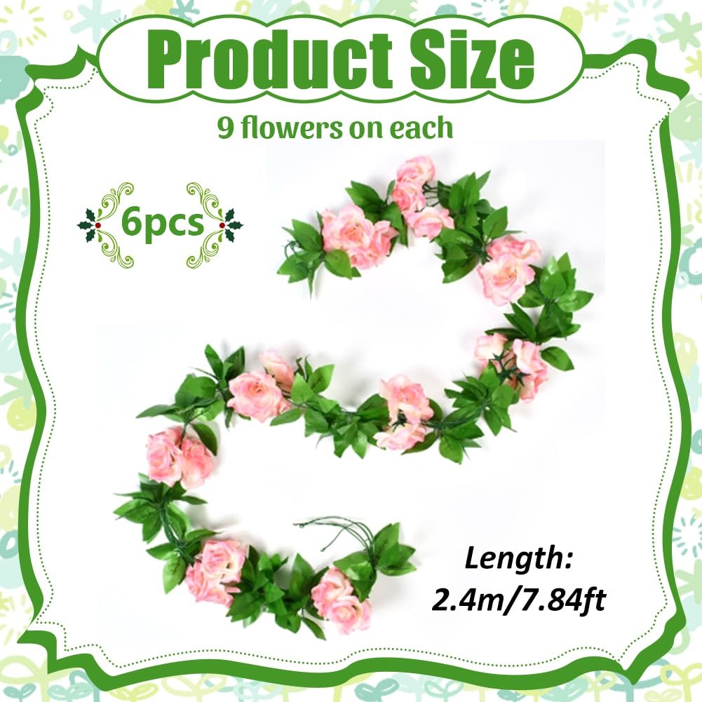 6Pcs 44 Ft Artificial Rose Vine Fake Flower Garland, Faux Floral Garland Hang…