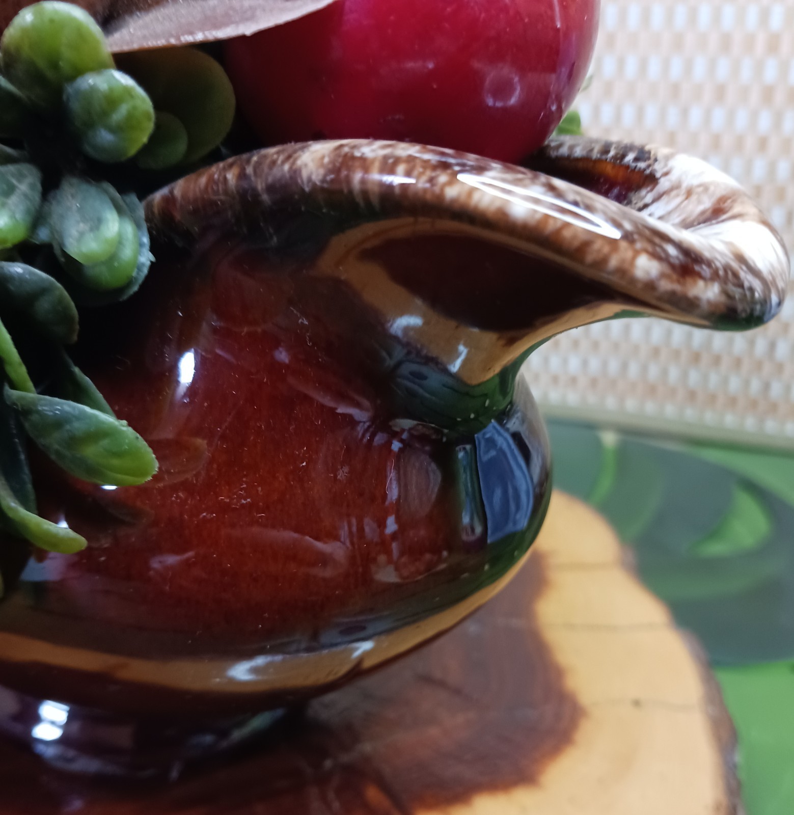 Faux Apple Nut Foliage Bouquet in HULL Vintage Teapot ~ Red Brown Green 11 x 8″
