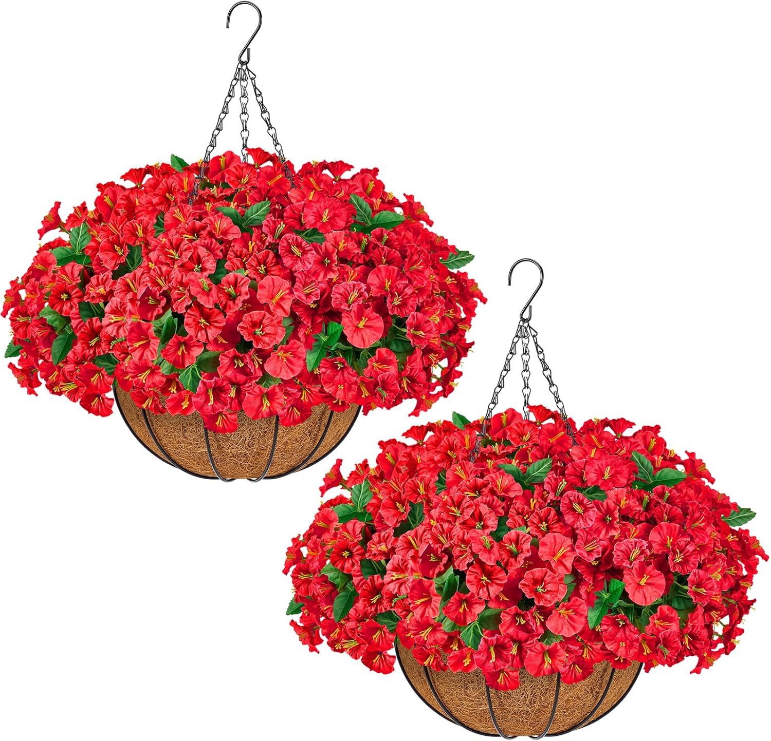 Set of 2 Faux Silk Morning Glory Hanging Flower Baskets for Outdoor Decor