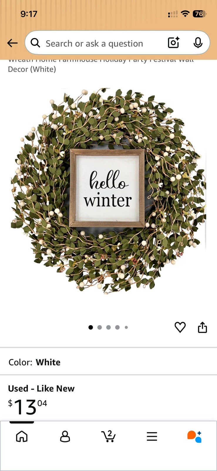 TEMPUS 20″ Wreath Artificial Berries Greens Wreath with Winter Sign. White