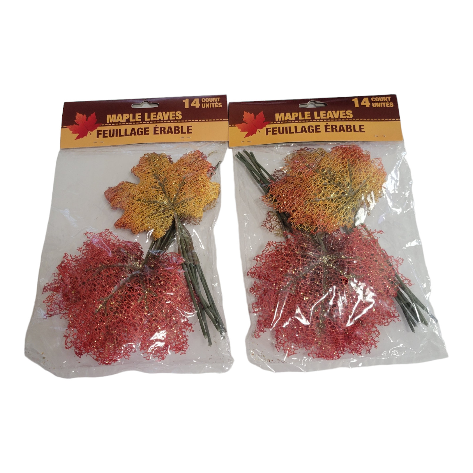 Lot of 2 Autumn Mesh Maple Leaves Wire Stems Glitter Golds Yellows 14 Each Bag