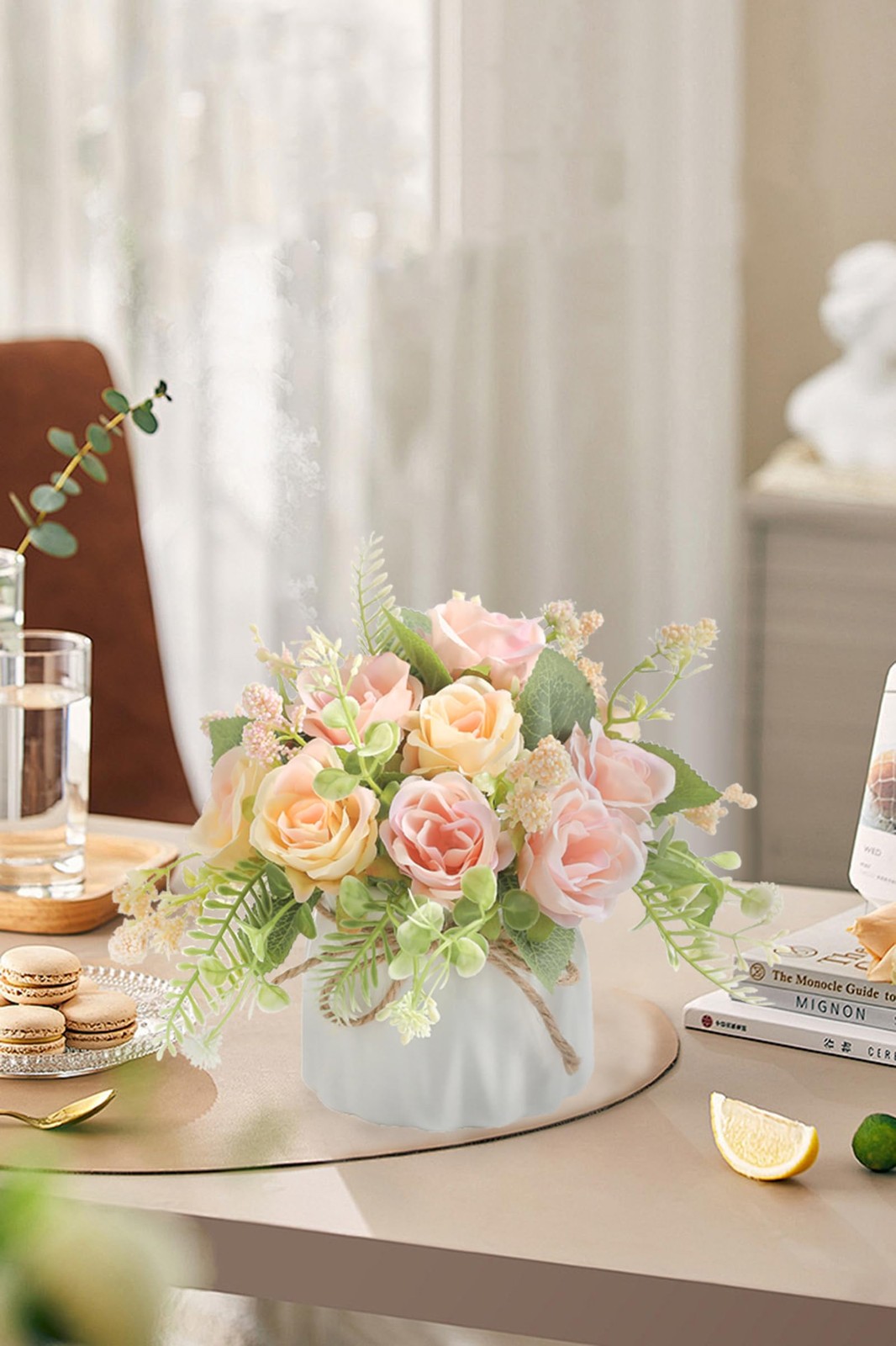 Artificial Rose Flower Plants with Small Ceramic Vase Fake Silk Variety Flowe…