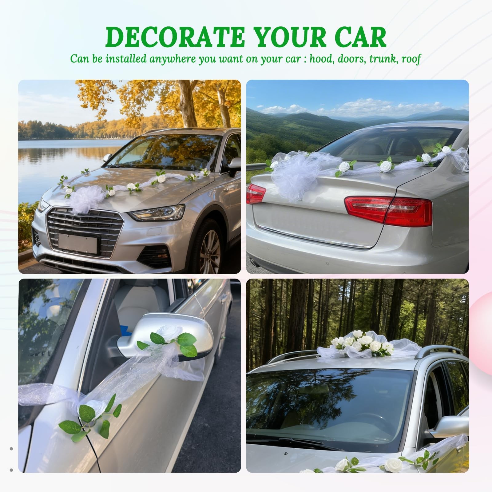 Wedding Car Decorations Artificial Flower Ball Bouquet White Yarn Tulle Ribbon