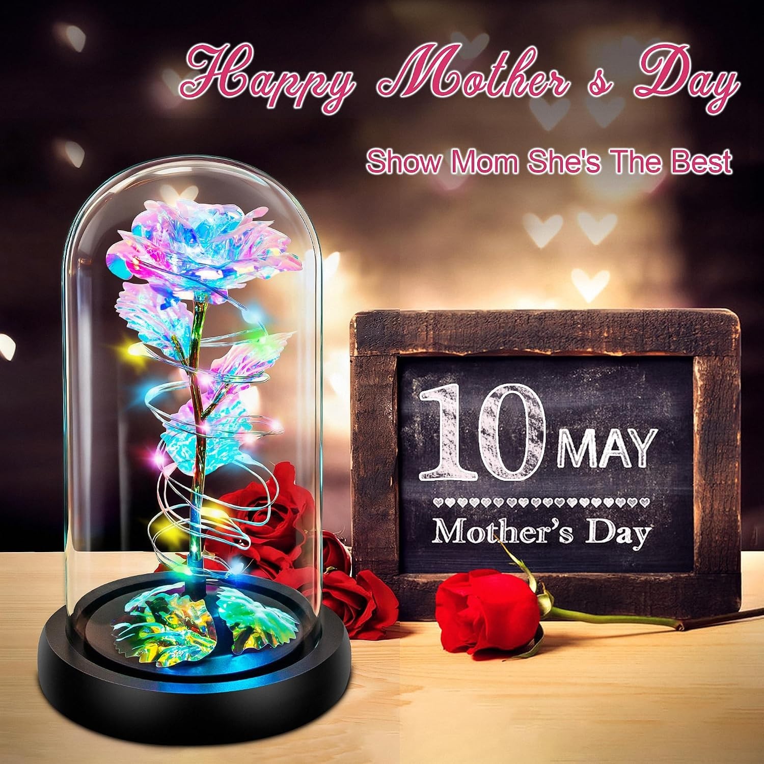 Color-Changing Rotating Rose in Glass Dome – A Unique Gift for Mom or Loved Ones