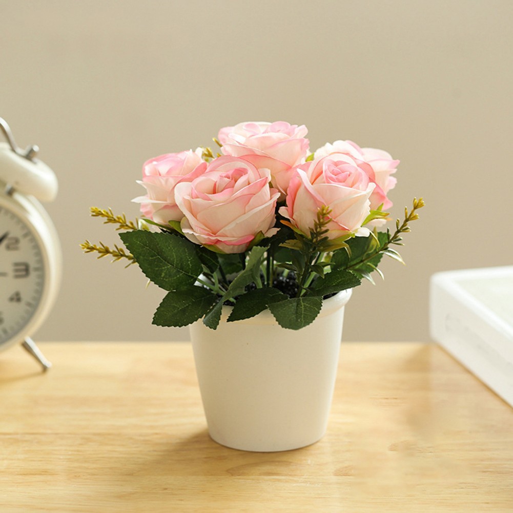 Artificial Rose Flower Small Tree Pot Fake Plants Potted Decoration Garden Decor