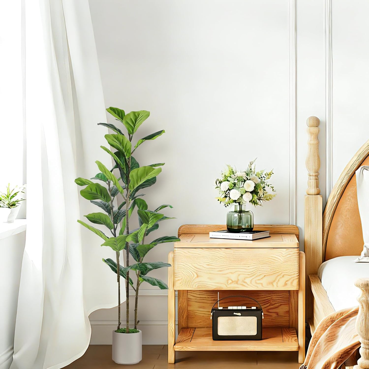 5FT Artificial Fiddle Leaf Fig Tree with White Planter Pot, 5 feet Tall Fake Tre