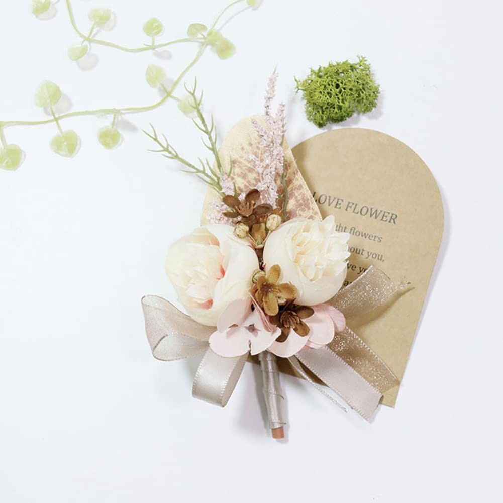 2 PCS Wrist Corsage Boutonniere Set Artificial Flower Creamy+Brown+Pink