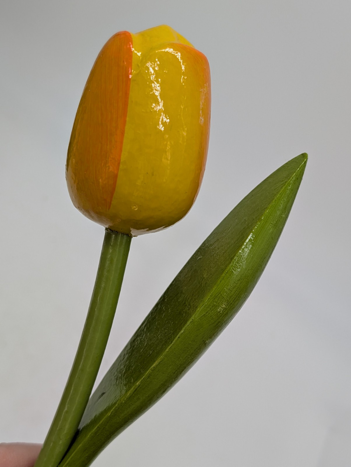 Hand Carved and Painted Wooden Flower Tulip Yellow Tiqets Holland Dutch In Base