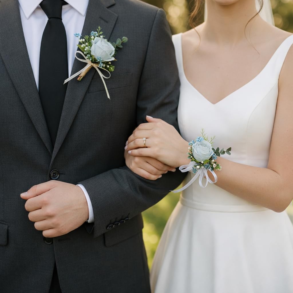 Blue Faux Pearl Wrist Corsage Boutonniere Set Prom Wedding Graduation