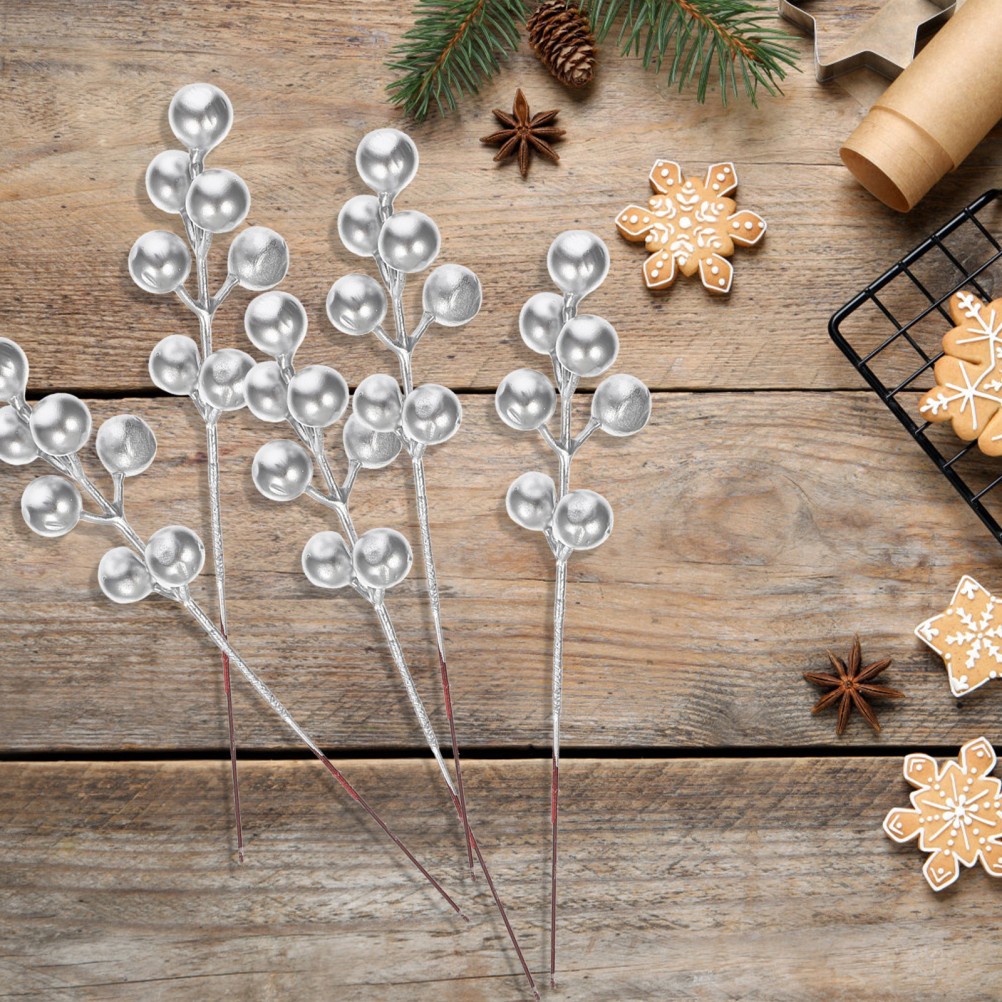 30Pcs Silver Artificial Berry Stems Reusable Christmas Decoration DIY Picks