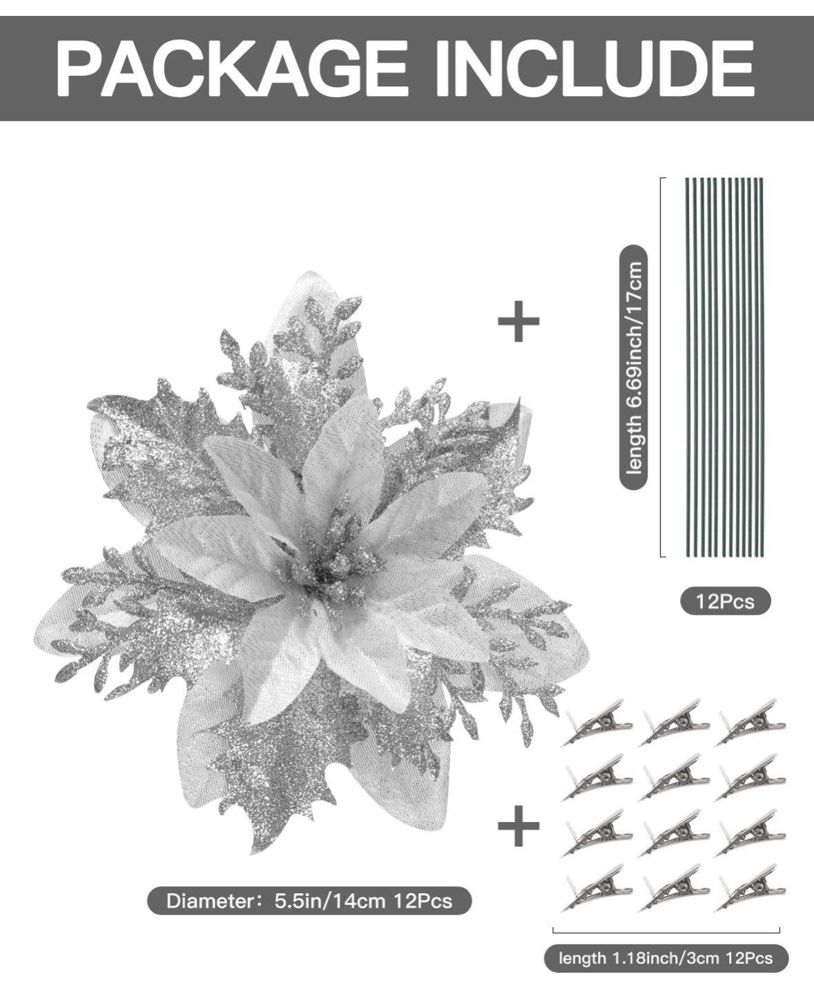 12pc Silver Articial Glitter Poinsettia Flowers Clips & Stems Christmas 5.5in